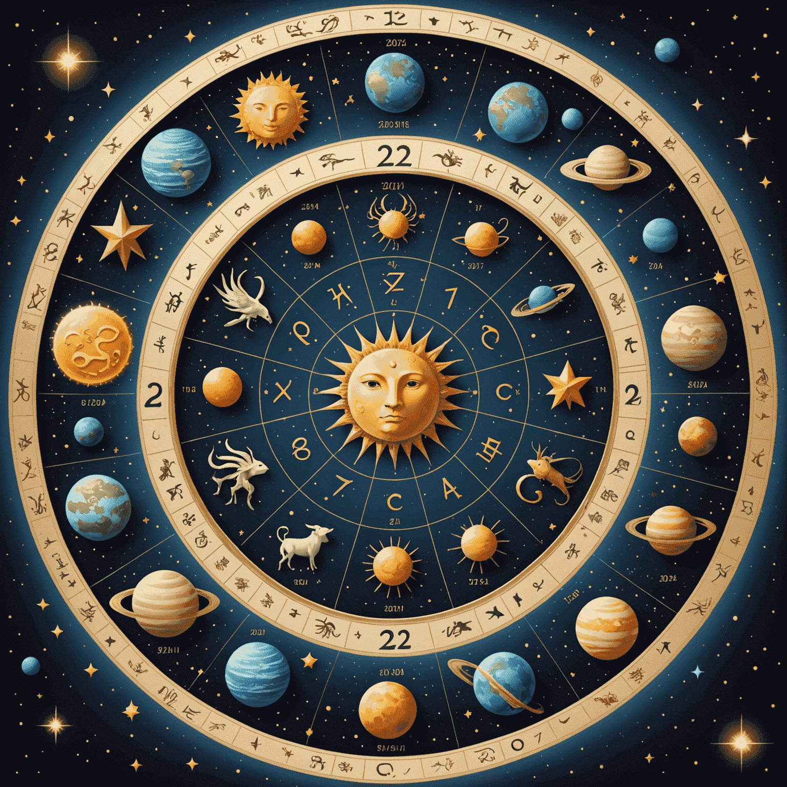 Ilustración de los 12 signos del zodiaco dispuestos en un círculo con el año 2024 en el centro, rodeado de estrellas y planetas