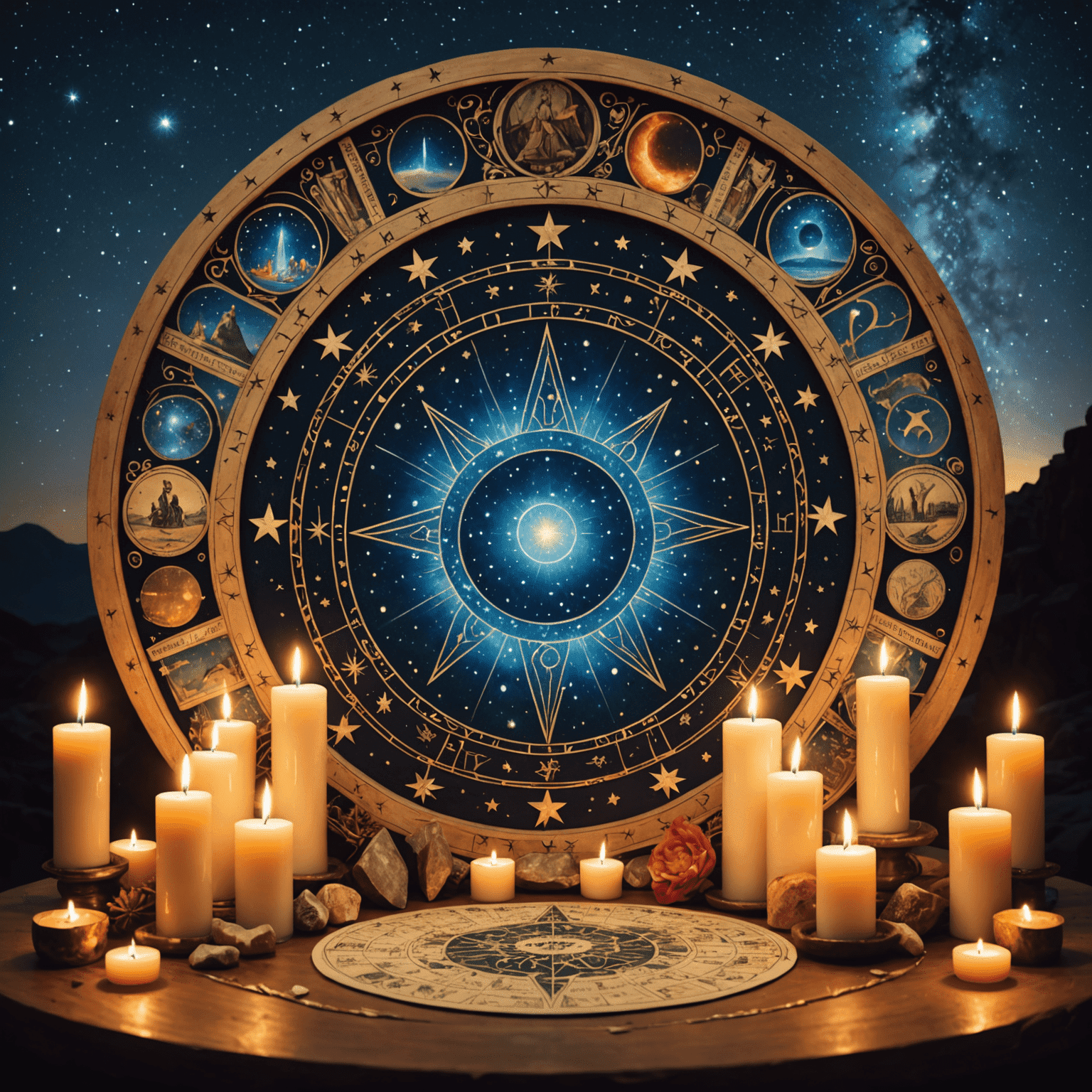 Imagen de un altar con velas, cristales y cartas del tarot dispuestos en un patrón circular, con un cielo estrellado de fondo