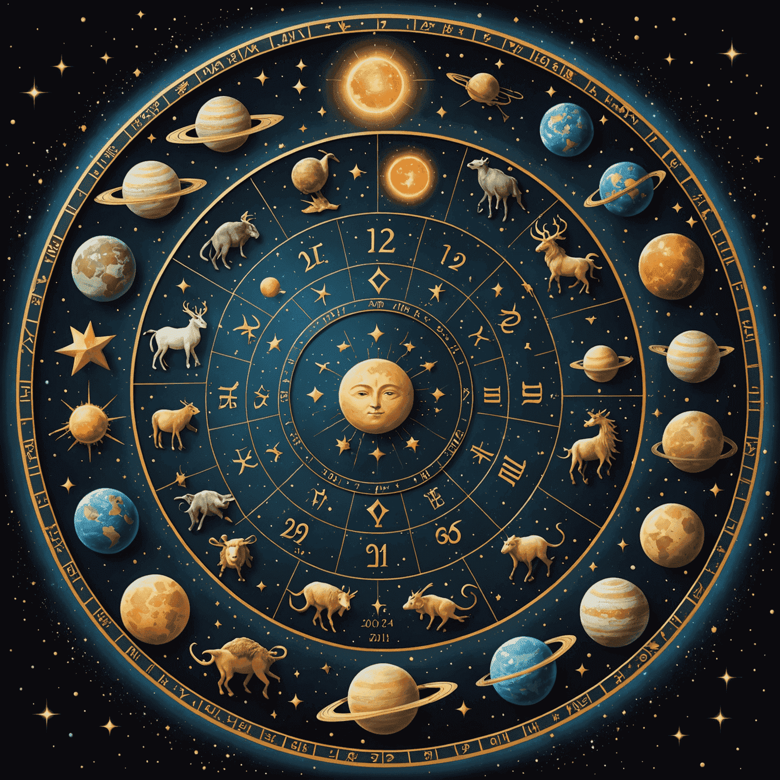 Imagen de los 12 signos del zodiaco dispuestos en un círculo con el año 2024 en el centro, rodeado de estrellas y planetas.