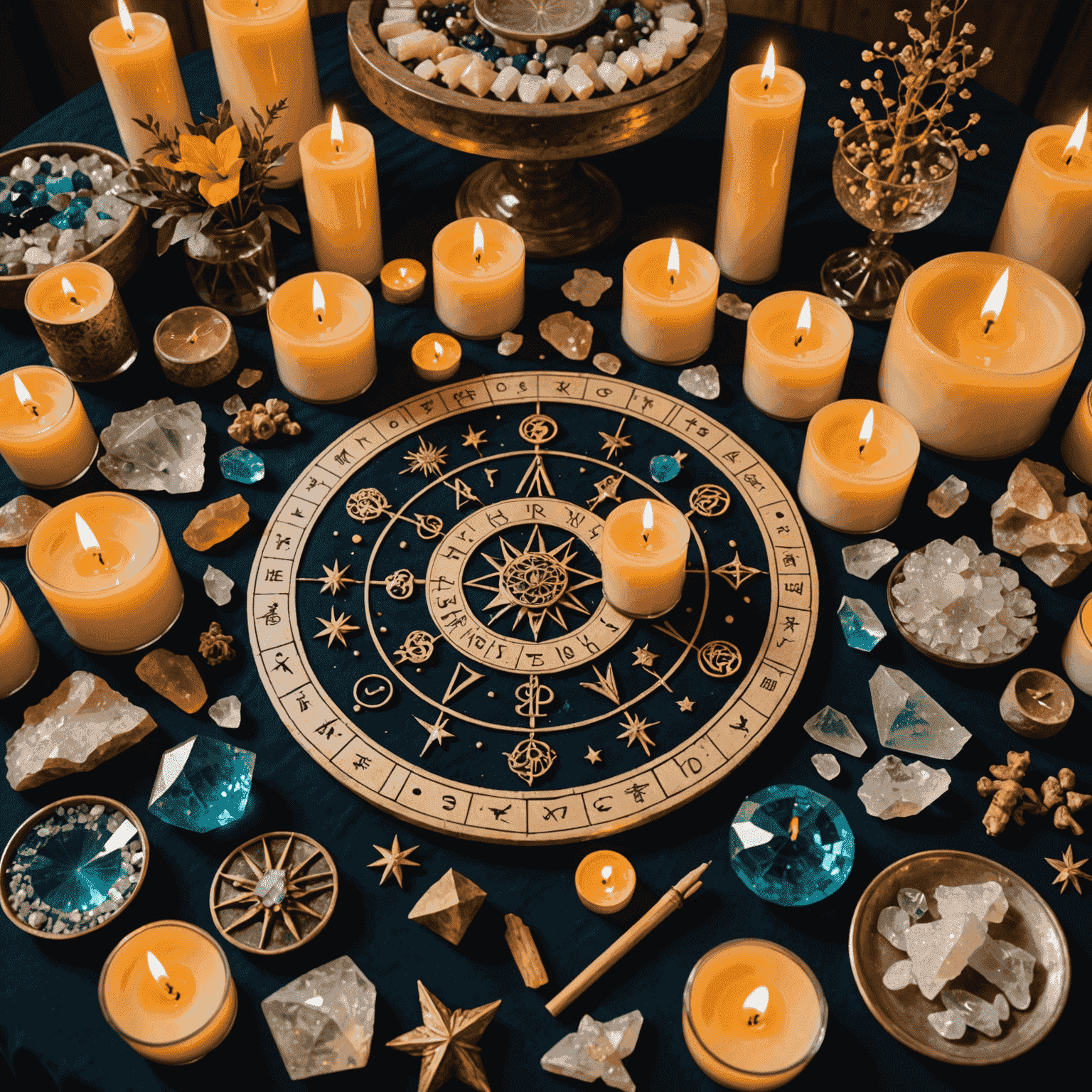 Imagen de velas, cristales y símbolos astrológicos dispuestos en un altar para rituales de prosperidad